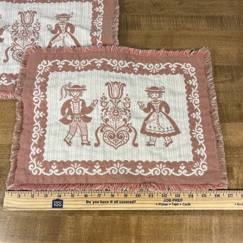 Vintage‎ Set Of 4 Austrian Placemats Pink Fringe Woven Folk Art Cotton/Linen - Picture 14 of 15